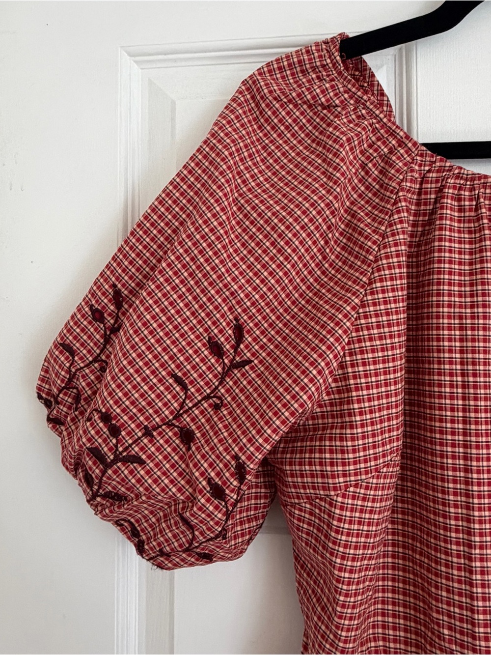 Madewell NWOT Red Gingham Embroidered Puff Sleeve Bow Back Midi Dress Size 10 - Picture 10 of 10